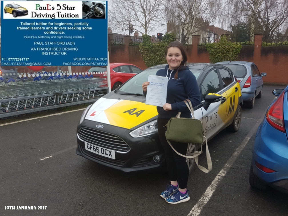 First time Test Pass Pupil Emily Fleetwood with Paul's 5 star Driving Tuition and Paul Stafford